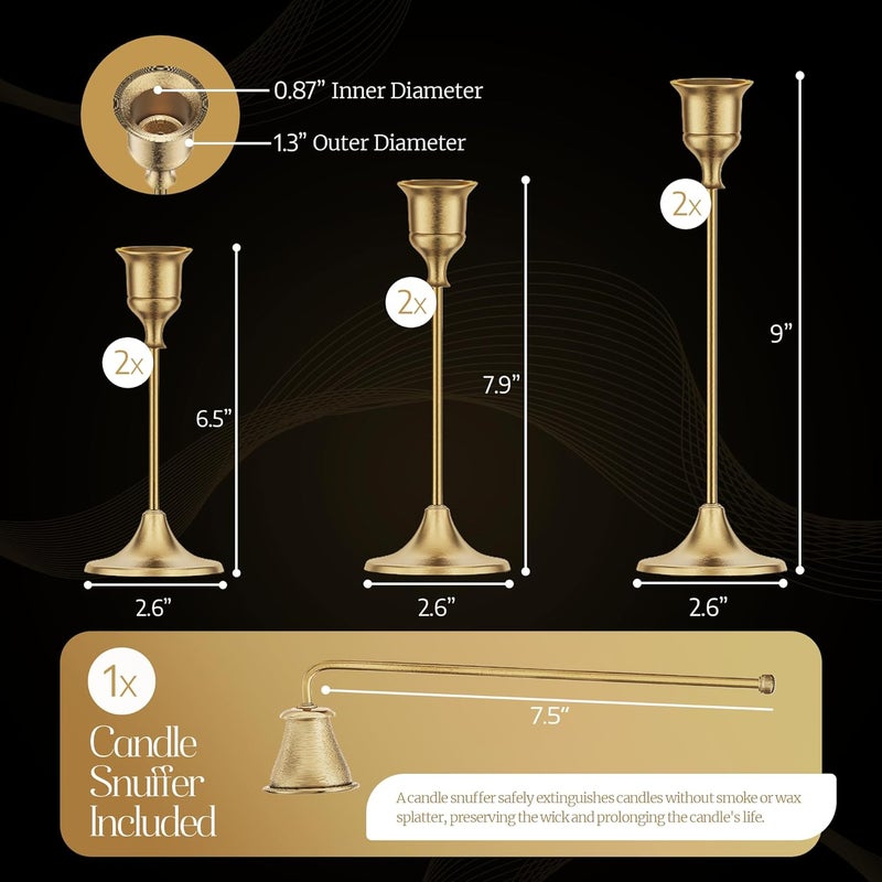 GETSHADY Gold Candleholders for Taper Candlesticks Plus Candle Snuffer – Dining Table Décor Centrepiece - Brass Candelabra Candlestick Holder - Gold Décor for Home Weddings Celebrations Events (Set of 6 Pcs) - Image 5