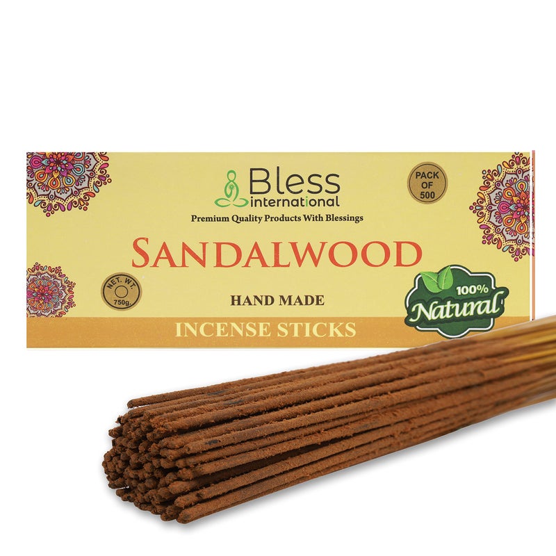 Bless International بخور خشب الصندل 100% طبيعي مصنوع يدويًا مغمس بالعطور خالي من المواد الكيميائية والفحم للتطهير والاسترخاء والإيجابية واليوغا والتأمل أفضل روائح الخشب 500 عود 750 جرام