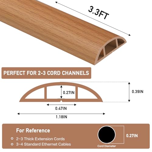 LSGCQ Floor Cord Cover Self Adhesive Cord Hider Floor Extension Cord Covers for Floor Power Cord Protector Cable Management Prevent Cable Trips Cable Cavity 0.47" W x 0.27" H (Light Brown Wood, 3.3Ft) - Image 2
