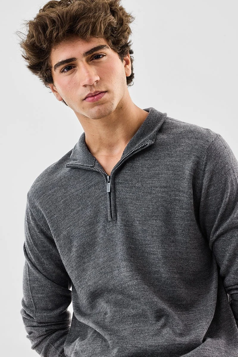 SNITCH Grey Half Zipper Luxe Sweater for Men | Best Price UAE