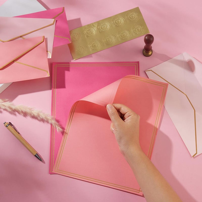 Topeen 50 Pack 5 Colors Stationery Set With Gold Border  #10 Business Envelopes And 8.5X11 Paper Sheets And Stickers For Writing Letters (Pink) - Image 3