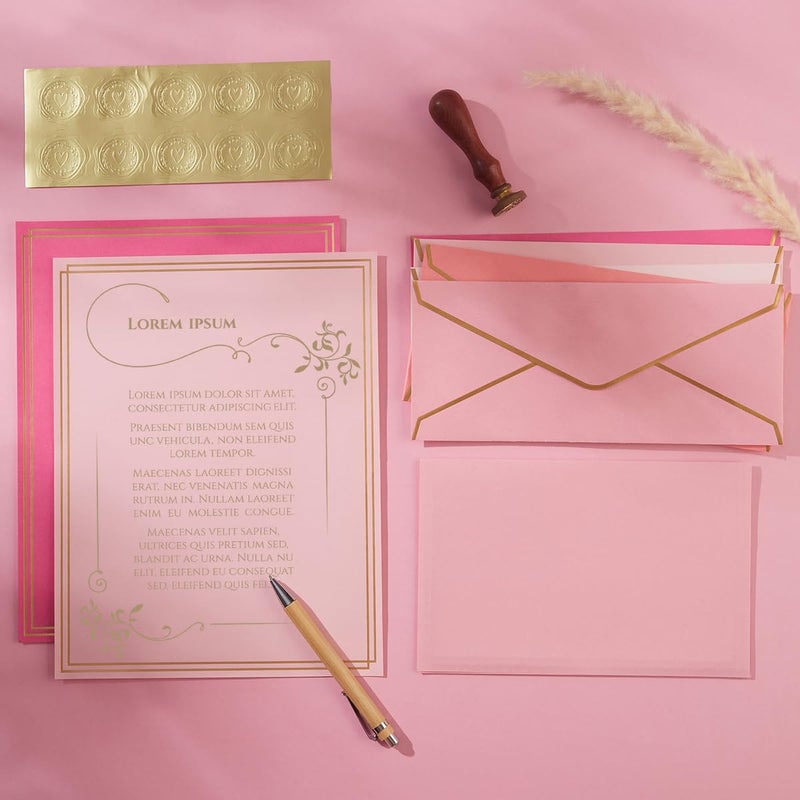 Topeen 50 Pack 5 Colors Stationery Set With Gold Border  #10 Business Envelopes And 8.5X11 Paper Sheets And Stickers For Writing Letters (Pink) - Image 4