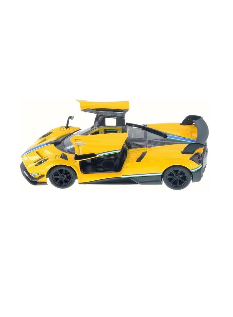 Cars 2016 Pagani Huayra BC with Decals Hard Top, Yellow/Blue Stripe - Kinsmart 1/38 Scale Diecast