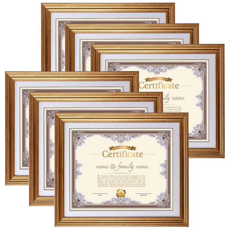 MEBRUDY 85 x 11 Picture Frames with Mat Gold 85x11 Document Certificate Diploma Award Photo Frame Set for Wall or Tabletop Display 6 Pack