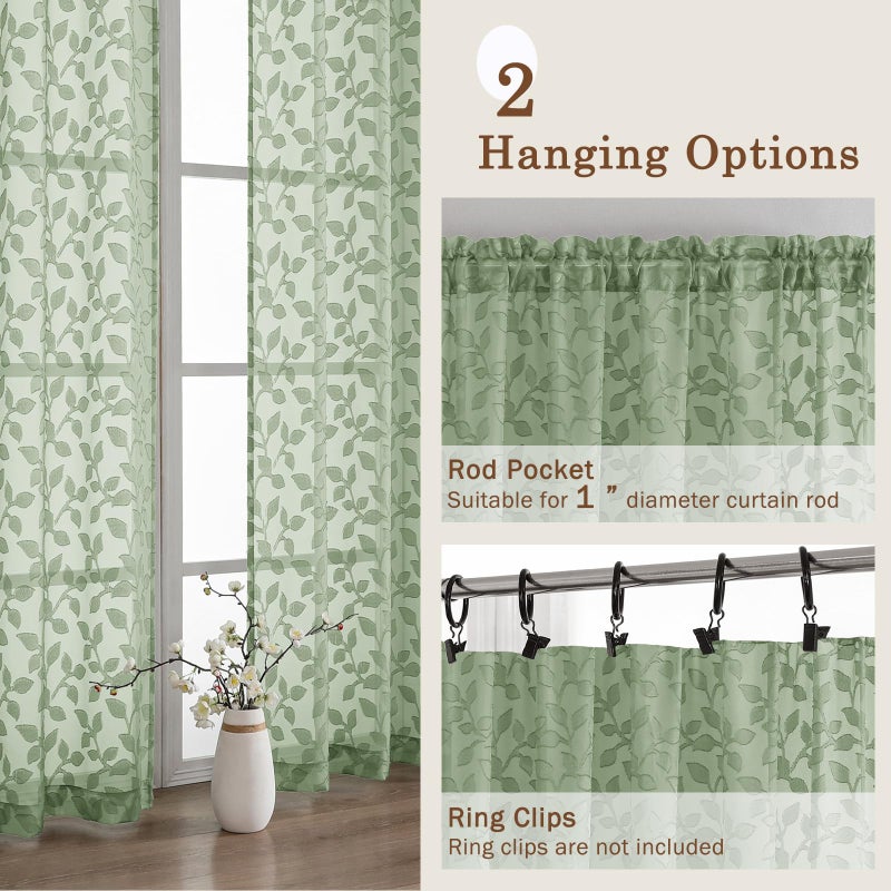 Chyhomenyc Sage Green Sheer Curtains 84 Inch Length 2 Panels Set, Light Filtering Tufted Textured Soft Airy Rod Pocket Gentle Leaf Window Treatment Drapes for Bedroom Living Room, 42" Wx84 L, 2PCS - Image 5