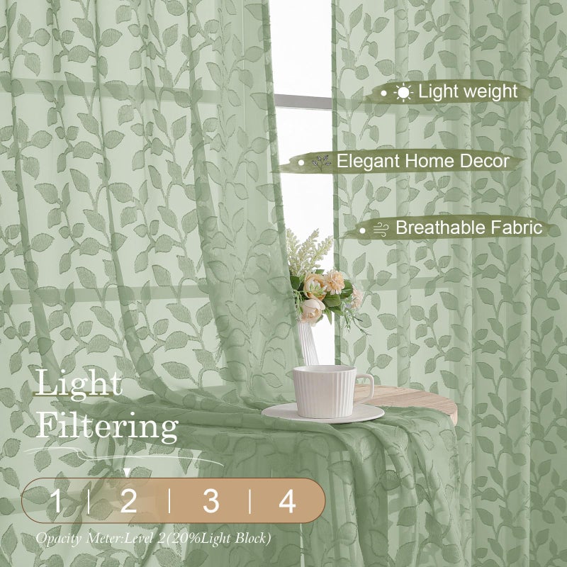 Chyhomenyc Sage Green Sheer Curtains 84 Inch Length 2 Panels Set, Light Filtering Tufted Textured Soft Airy Rod Pocket Gentle Leaf Window Treatment Drapes for Bedroom Living Room, 42" Wx84 L, 2PCS - Image 3