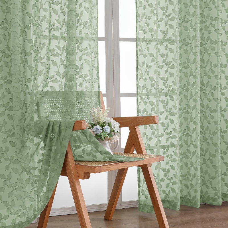 Chyhomenyc Sage Green Sheer Curtains 84 Inch Length 2 Panels Set, Light Filtering Tufted Textured Soft Airy Rod Pocket Gentle Leaf Window Treatment Drapes for Bedroom Living Room, 42" Wx84 L, 2PCS - Image 1