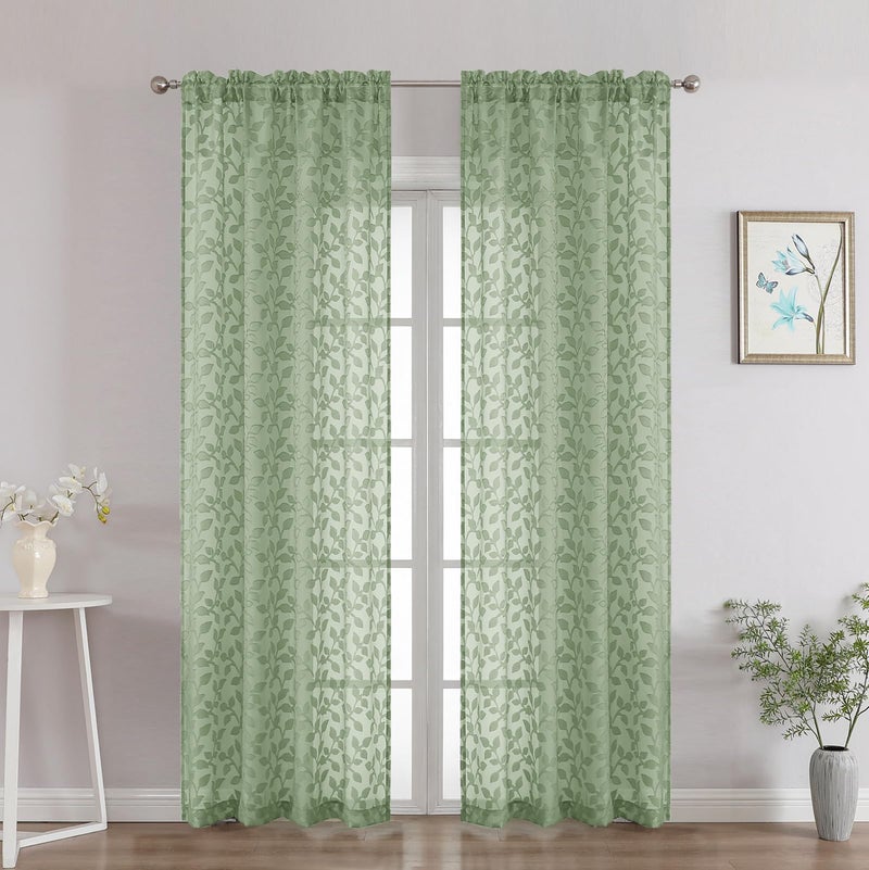 Chyhomenyc Sage Green Sheer Curtains 84 Inch Length 2 Panels Set, Light Filtering Tufted Textured Soft Airy Rod Pocket Gentle Leaf Window Treatment Drapes for Bedroom Living Room, 42" Wx84 L, 2PCS - Image 2