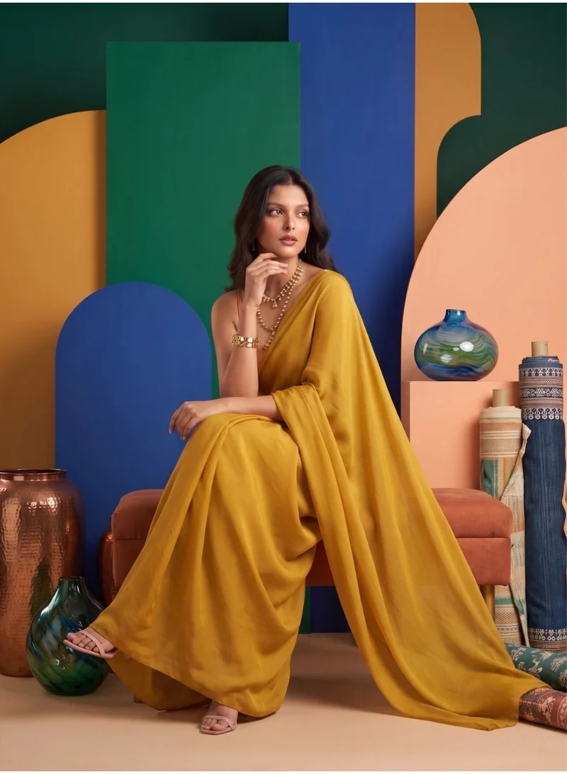Nool  Saffron Solid Chiffon Saree with Complimentary Handpicked Blouse Material for Women | Best Price UAE