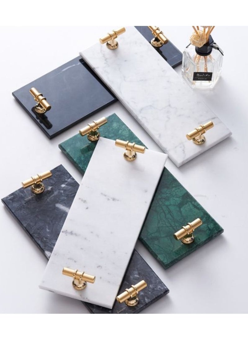 1Chase - Rectangular Marble Tray with T Shaped Golden Handles White - Image 1