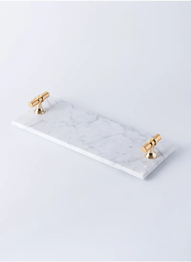 1Chase Rectangular Marble Tray with T Shaped Golden Handles White