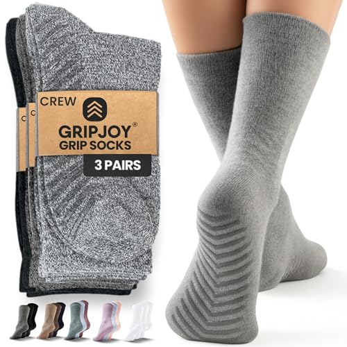 Gripjoy Grip Socks for Women, Grippy, Non Slip, Gripper Socks for Women & Men, Pilates, Yoga, Hospital, Non Skid, 3 Pairs, Crew, Mix Gray - Image 1