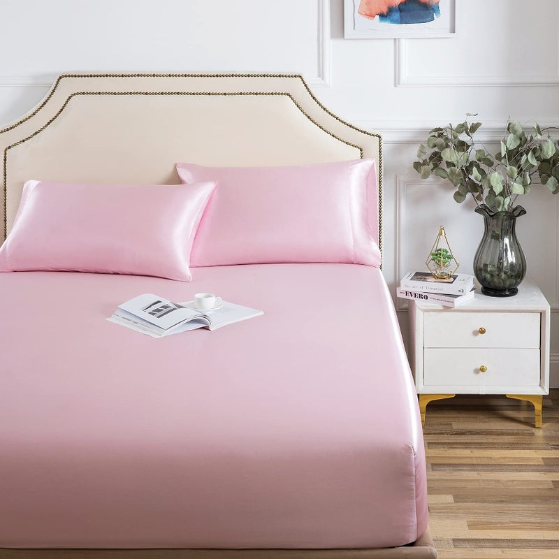 Luxbedding Satin Fitted Sheet  Queen Fitted Sheet Only  1 - Piece Ultra Soft Deep Pocket Single Silk Bottom Bed Sheet Queen - Pink 