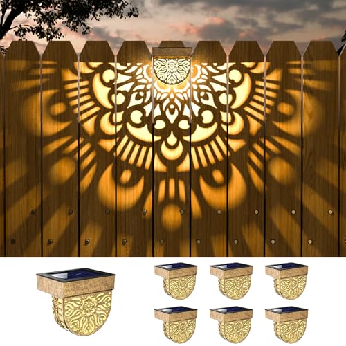 EKQ 6 Pack Solar Fence Lights Outdoor Wall Lights Gold Plastic Solar Powered Deck Step Stair Lights Mandala Theme Waterproof Fence Solar Light for Garden Post Patio Backyard Yard Decor - Image 1