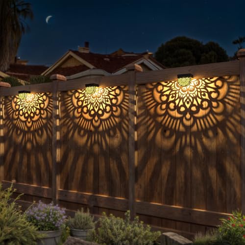 EKQ 6 Pack Solar Fence Lights Outdoor Wall Lights Gold Plastic Solar Powered Deck Step Stair Lights Mandala Theme Waterproof Fence Solar Light for Garden Post Patio Backyard Yard Decor - Image 3