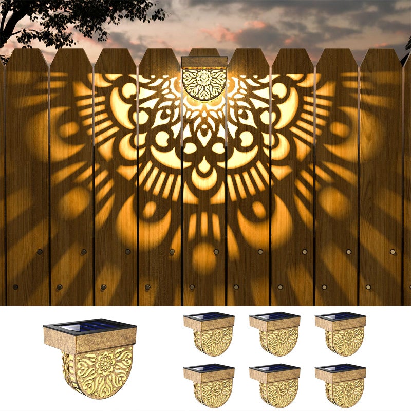 EKQ 6 Pack Solar Fence Lights Outdoor Wall Lights Gold Plastic Solar Powered Deck Step Stair Lights Mandala Theme Waterproof Fence Solar Light for Garden Post Patio Backyard Yard Decor - Image 2