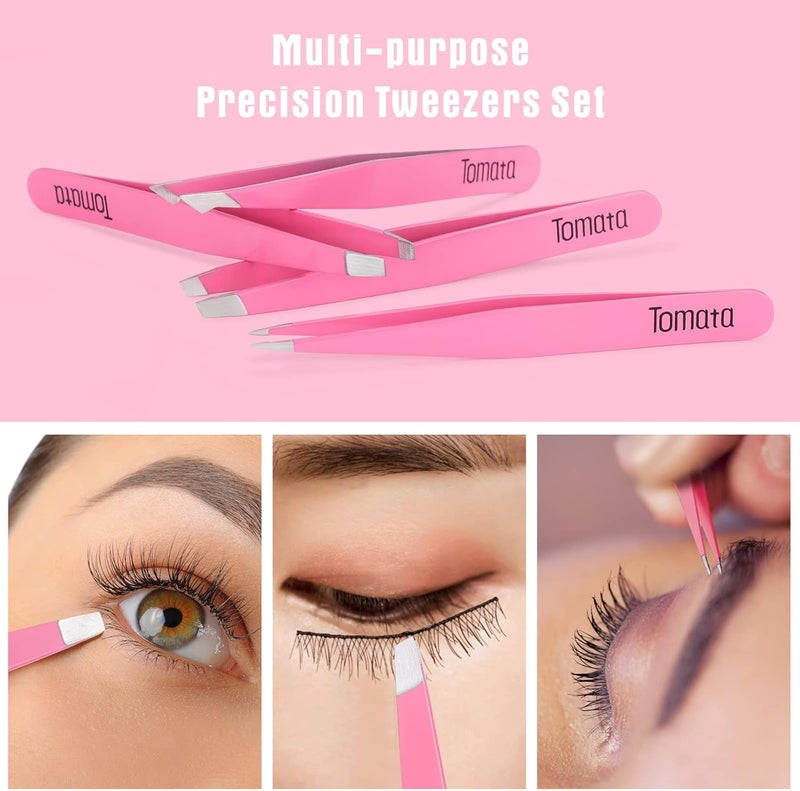 Tomata Tweezers for Eyebrows, Slant Tip and Pointed Eyebrow Tweezer Set Great Precision for Eyebrows Facial Hair, Ingrown Hair, Splinter, Blackhead and Tick Remover (4-piece) (pink) - Image 3