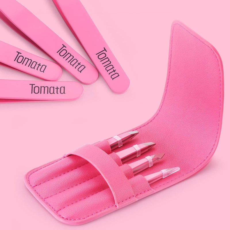 Tomata Tweezers for Eyebrows, Slant Tip and Pointed Eyebrow Tweezer Set Great Precision for Eyebrows Facial Hair, Ingrown Hair, Splinter, Blackhead and Tick Remover (4-piece) (pink) - Image 4