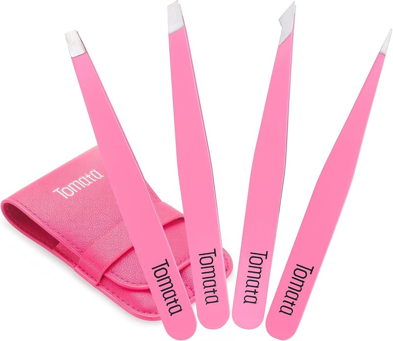Tomata Tweezers for Eyebrows, Slant Tip and Pointed Eyebrow Tweezer Set Great Precision for Eyebrows Facial Hair, Ingrown Hair, Splinter, Blackhead and Tick Remover (4-piece) (pink) - Image 1
