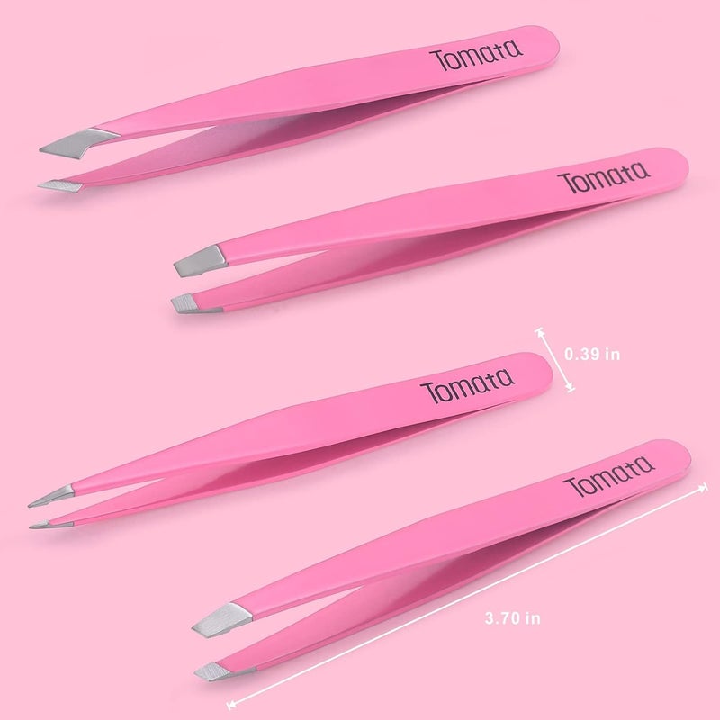 Tomata Tweezers for Eyebrows, Slant Tip and Pointed Eyebrow Tweezer Set Great Precision for Eyebrows Facial Hair, Ingrown Hair, Splinter, Blackhead and Tick Remover (4-piece) (pink) - Image 5