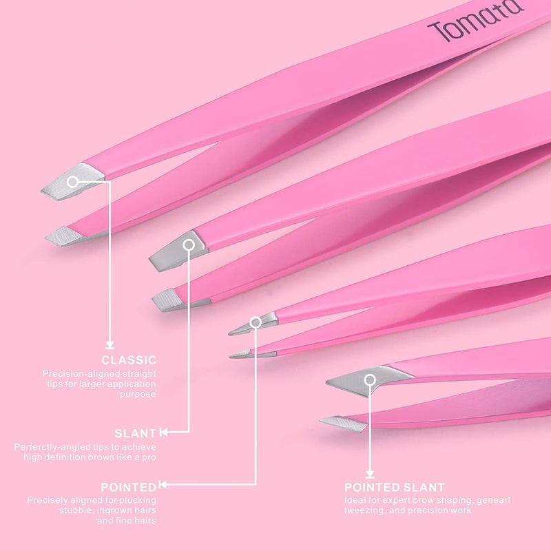 Tomata Tweezers for Eyebrows, Slant Tip and Pointed Eyebrow Tweezer Set Great Precision for Eyebrows Facial Hair, Ingrown Hair, Splinter, Blackhead and Tick Remover (4-piece) (pink) - Image 2
