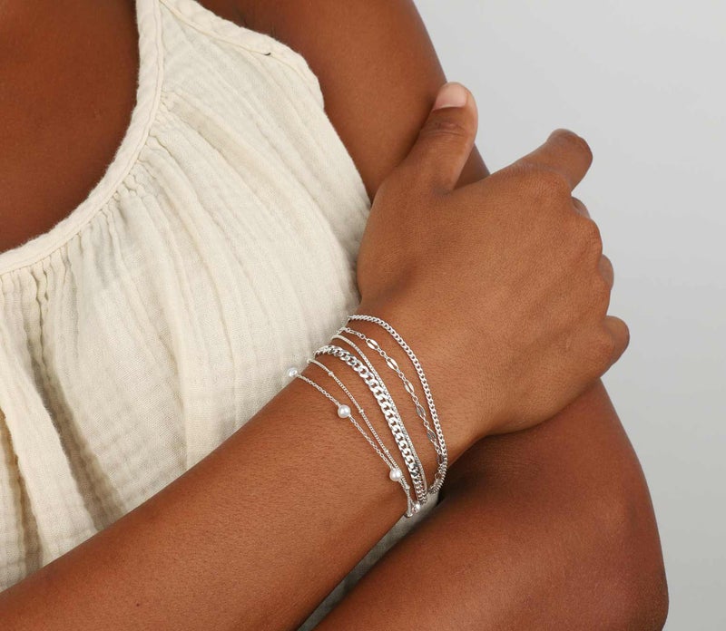 MBW Silver Bracelets for Women Trendy, Dainty 14K Silver Plated Cuban Link Chain Pearl Bracelet Silver Stackable Bracelet Stack Waterproof Tiny Cute Bracelet Set Layering Bracelet Minimalist Jewelry - Image 2