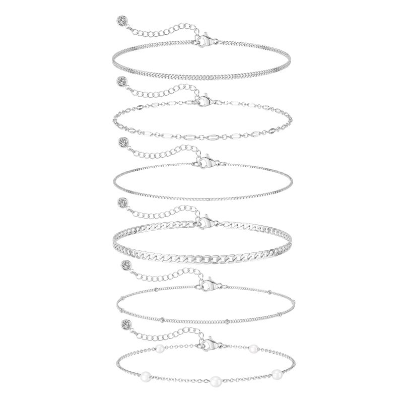 MBW Silver Bracelets for Women Trendy, Dainty 14K Silver Plated Cuban Link Chain Pearl Bracelet Silver Stackable Bracelet Stack Waterproof Tiny Cute Bracelet Set Layering Bracelet Minimalist Jewelry - Image 1