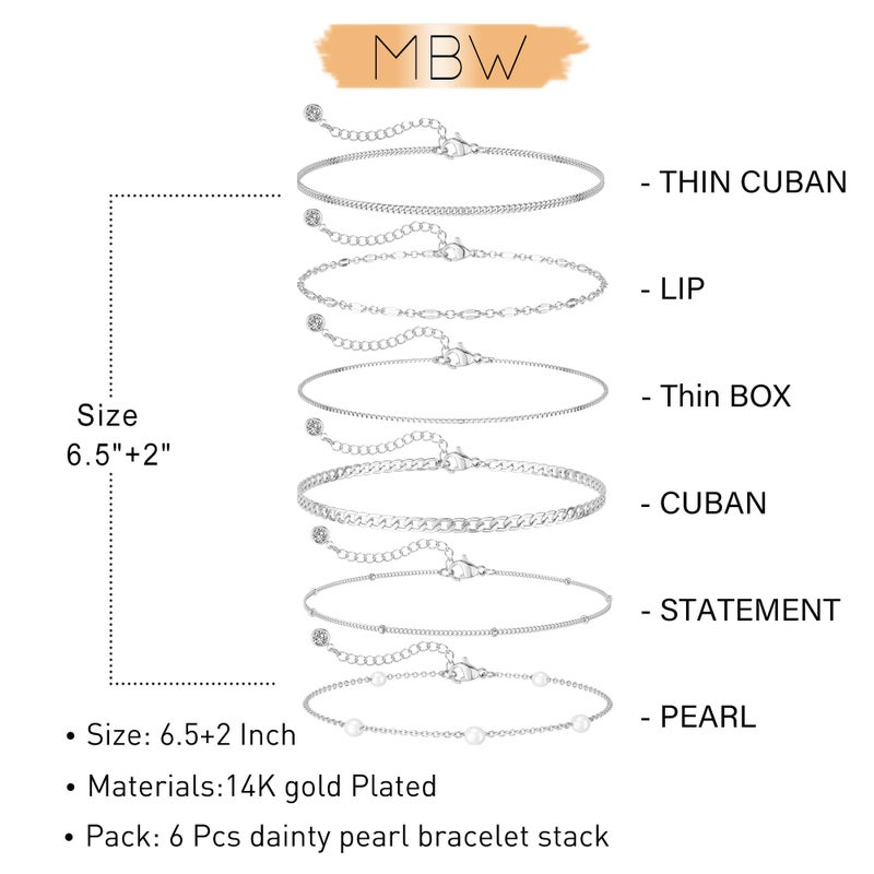 MBW Silver Bracelets for Women Trendy, Dainty 14K Silver Plated Cuban Link Chain Pearl Bracelet Silver Stackable Bracelet Stack Waterproof Tiny Cute Bracelet Set Layering Bracelet Minimalist Jewelry - Image 3