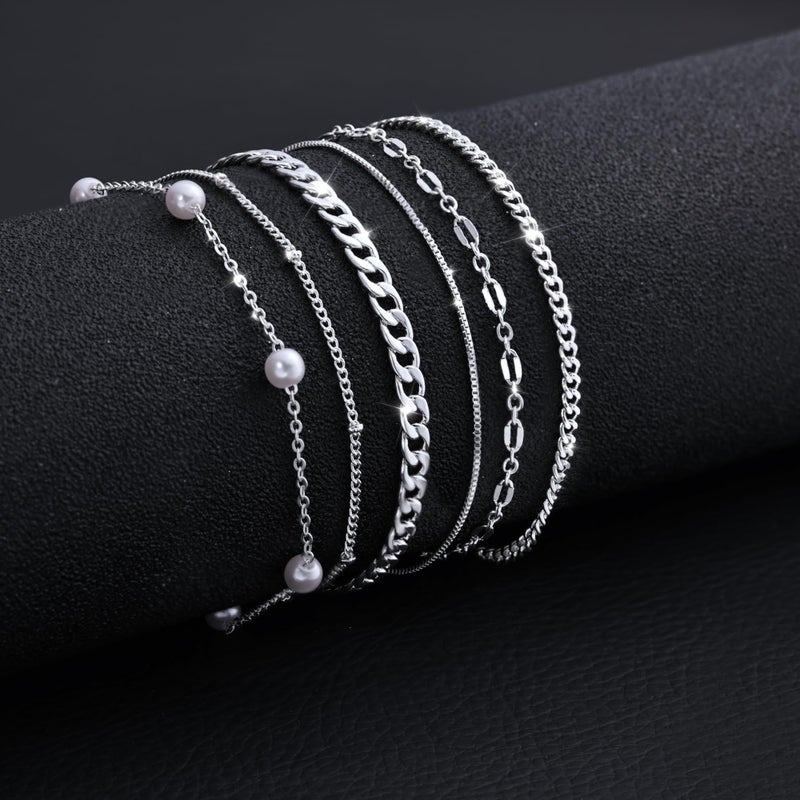MBW Silver Bracelets for Women Trendy, Dainty 14K Silver Plated Cuban Link Chain Pearl Bracelet Silver Stackable Bracelet Stack Waterproof Tiny Cute Bracelet Set Layering Bracelet Minimalist Jewelry - Image 5
