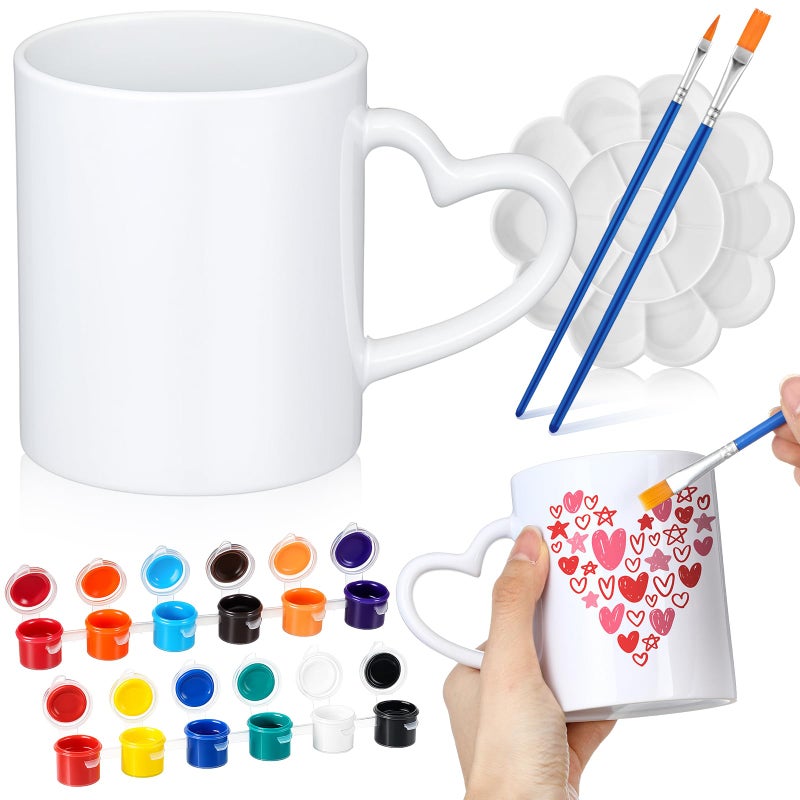 Soulchen 7 Pcs Paint Your Own Mug Kit DIY Mug Painting Kit Include 2 Paintable Mugs 2 Paintbrush 2 Acrylic Paints 12 Color and 1 Palette Tray Coffee Cup Decorating Set Craft Project (Heart,Ceramic) - Image 1