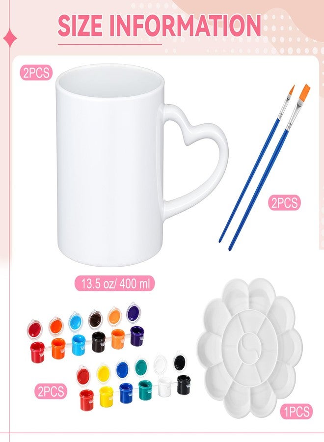 Soulchen 7 Pcs Paint Your Own Mug Kit DIY Mug Painting Kit Include 2 Paintable Mugs 2 Paintbrush 2 Acrylic Paints 12 Color and 1 Palette Tray Coffee Cup Decorating Set Craft Project (Heart,Ceramic) - Image 2