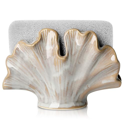 Uiddo Ceramic Sponge HolderSponge Holder for Kitchen SinkCompact Sink Caddy OrganizerScouring Pad and Dish HolderFarmhouse Kitchen Decor Cute Gadgets AccessoriesBrown Grey