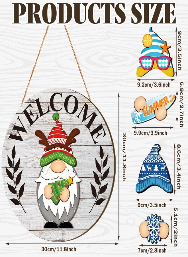 Qunclay Interchangeable Wooden Gnome Decor Holiday Seasonal Gnome Decorations with Magnet Pieces and Detachable Hats Changeable Welcome Sign for Home(White) - Image 2