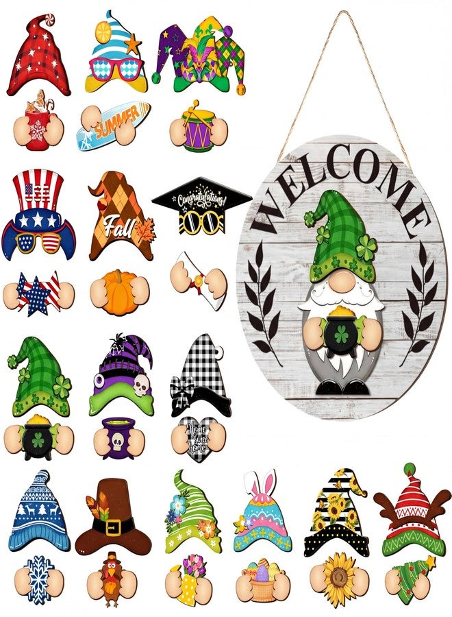 Qunclay Interchangeable Wooden Gnome Decor Holiday Seasonal Gnome Decorations with Magnet Pieces and Detachable Hats Changeable Welcome Sign for Home(White) - Image 1