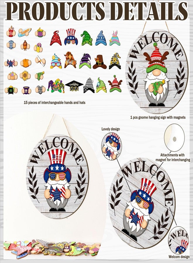 Qunclay Interchangeable Wooden Gnome Decor Holiday Seasonal Gnome Decorations with Magnet Pieces and Detachable Hats Changeable Welcome Sign for Home(White) - Image 3