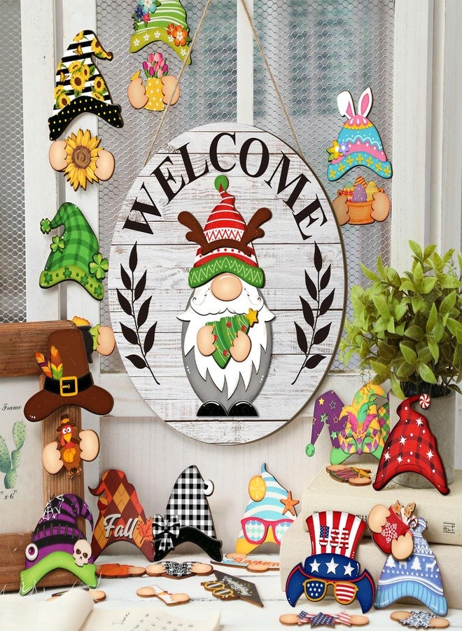 Qunclay Interchangeable Wooden Gnome Decor Holiday Seasonal Gnome Decorations with Magnet Pieces and Detachable Hats Changeable Welcome Sign for Home(White) - Image 4