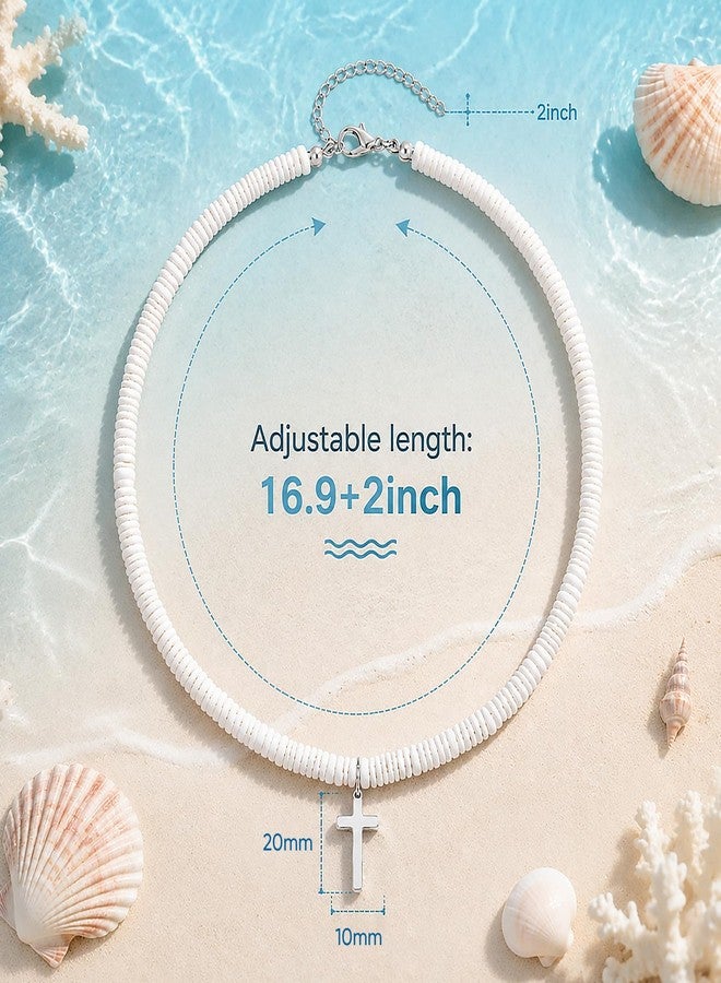 MPRAINBOW White Puka Shell Necklace for Women, Beach Choker with Cross Pendant - Image 4