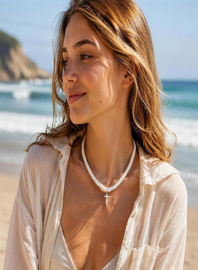 MPRAINBOW White Puka Shell Necklace for Women, Beach Choker with Cross Pendant - Image 2