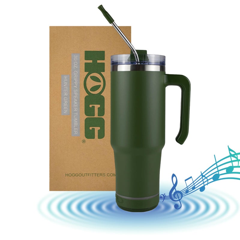 Hogg Bluetooth Tumbler 30 oz Grippy - Hunter Green, Bluetooth Speaker Cup, 30 oz Stainless Steel Tumbler with Handle, Green Cup with Speaker, Insulated Water Bottle, Gifts for Music Lovers - Image 1