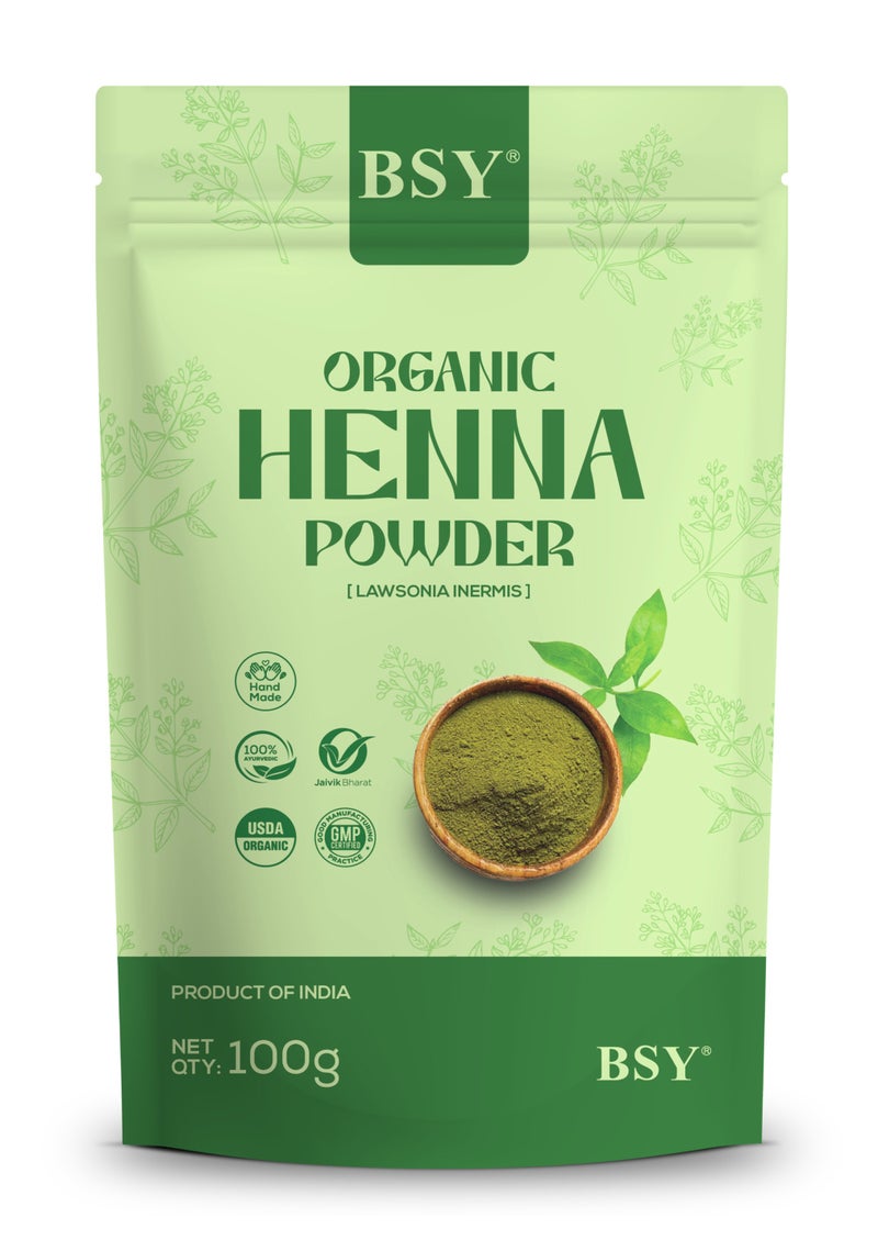 BSY Organic Henna Powder 100g – Natural Herbal Hair Color & Hair Care Powder – Strengthens Hair, Adds Shine & Nourishes Scalp – Lawsonia Inermis - Image 1