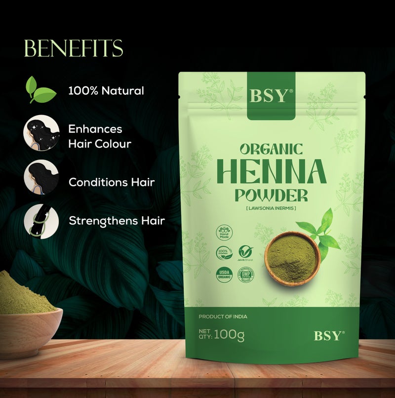 BSY Organic Henna Powder 100g – Natural Herbal Hair Color & Hair Care Powder – Strengthens Hair, Adds Shine & Nourishes Scalp – Lawsonia Inermis - Image 2