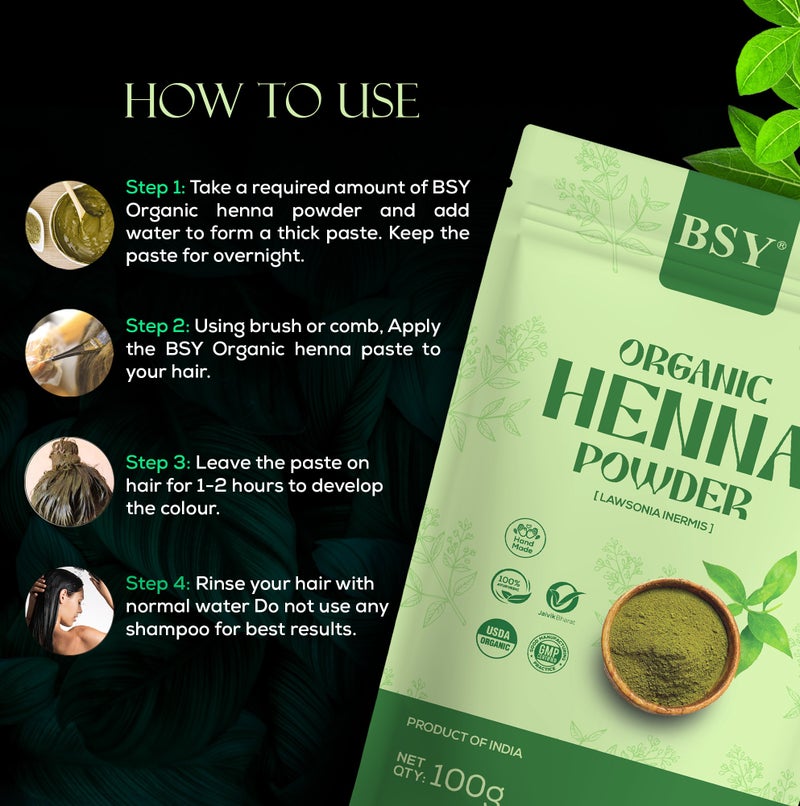 BSY Organic Henna Powder 100g – Natural Herbal Hair Color & Hair Care Powder – Strengthens Hair, Adds Shine & Nourishes Scalp – Lawsonia Inermis - Image 3