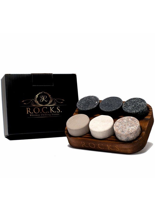 Rocks Whiskey Chilling Stones - Set of 6 Handcrafted Premium Granite Round Sipping - Hardwood Presentation & Storage Tray by R.O.C.K.S. - Image 1