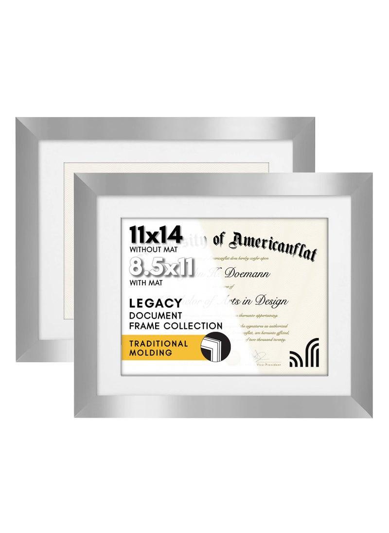 Americanflat Americanflat 11x14 Diploma Frame with ShatterResistant Glass  Set of 2  Use as 85x11 Frame with Mat or Display 11x14 Documents Without Mat  Legacy Collection  Certificate Frames  Silver 