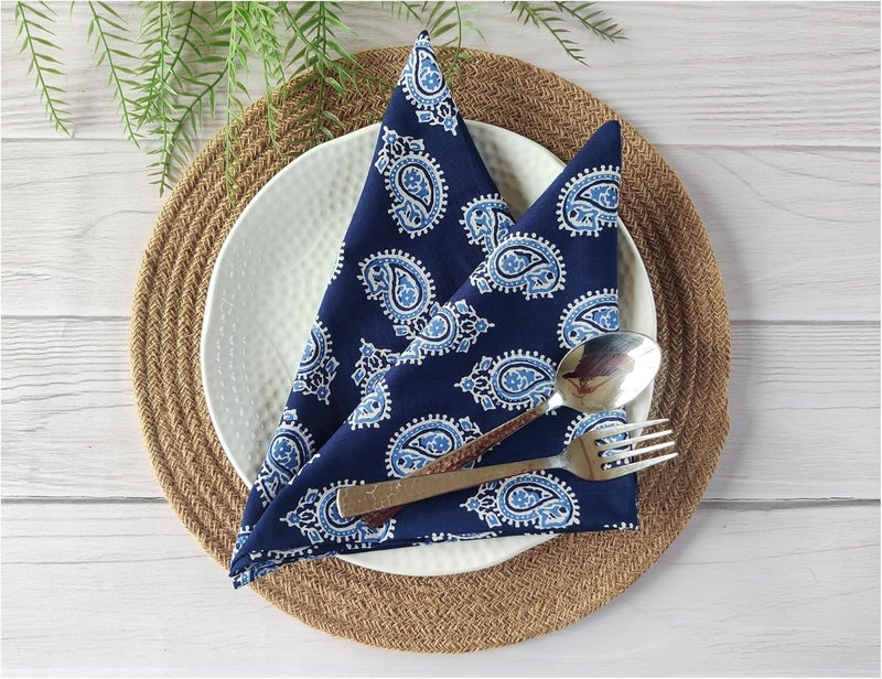 AVKA Studio Thin Washable Cotton Napkin 18x18 inches  LIGHTWEIGHT Cloth Dinner Napkin Set Of 12  Everyday Use or Dinner Party and Events  Indigo Blue and White Floral Indian Block Print Soft Fabric By Craftbot - Image 1