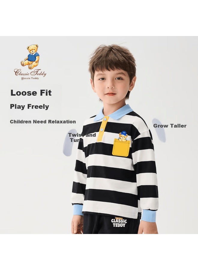 Classic Teddy Kids Long Sleeve T-shirt Boys Striped Polo Shirt Bright Pocket - Black And White 130 - Image 1