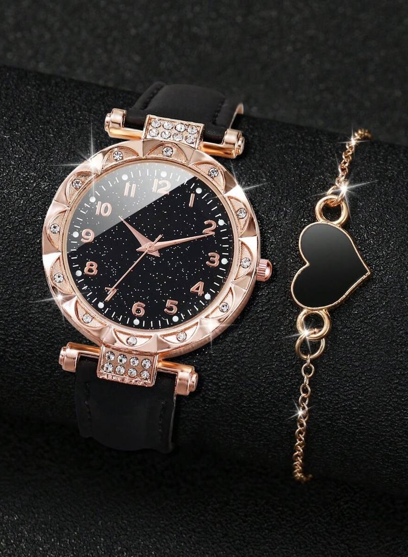 2 Piece Set Elegant Women's Black and Gold Princeton Embellished Quartz Watch and Heart Shape Bracelet Suitable for Daily Wear, Parties and Holidays - Image 2
