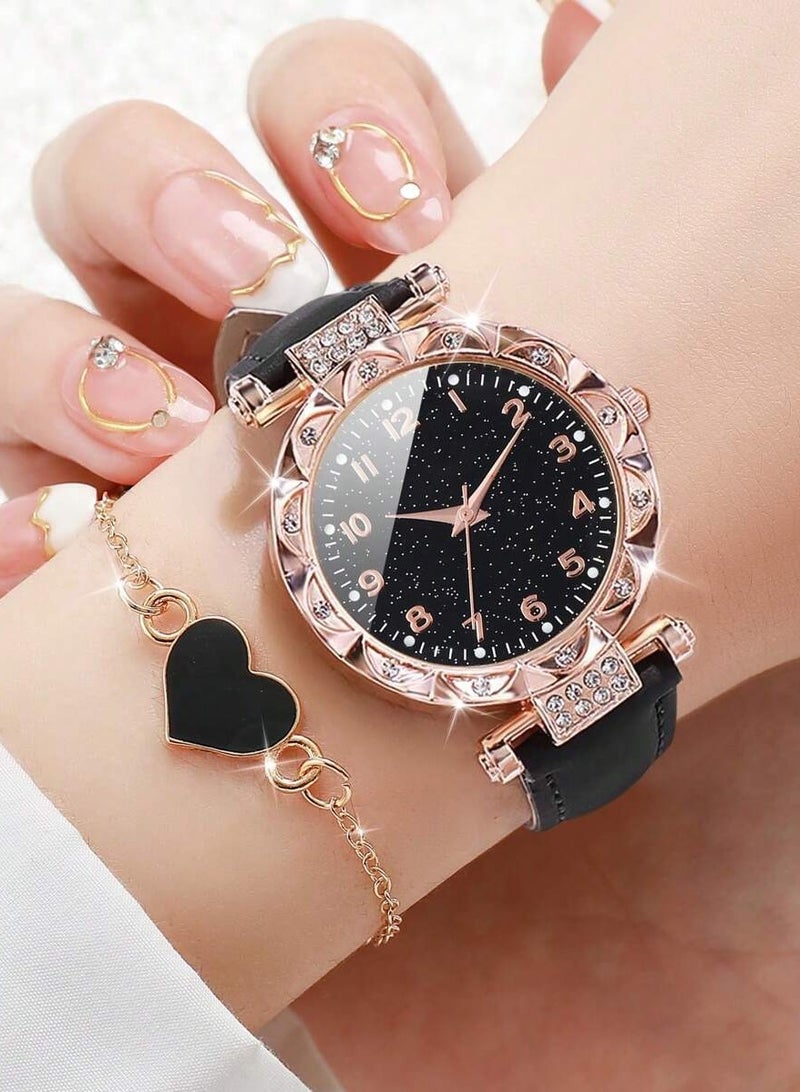 2 Piece Set Elegant Women's Black and Gold Princeton Embellished Quartz Watch and Heart Shape Bracelet Suitable for Daily Wear, Parties and Holidays - Image 1
