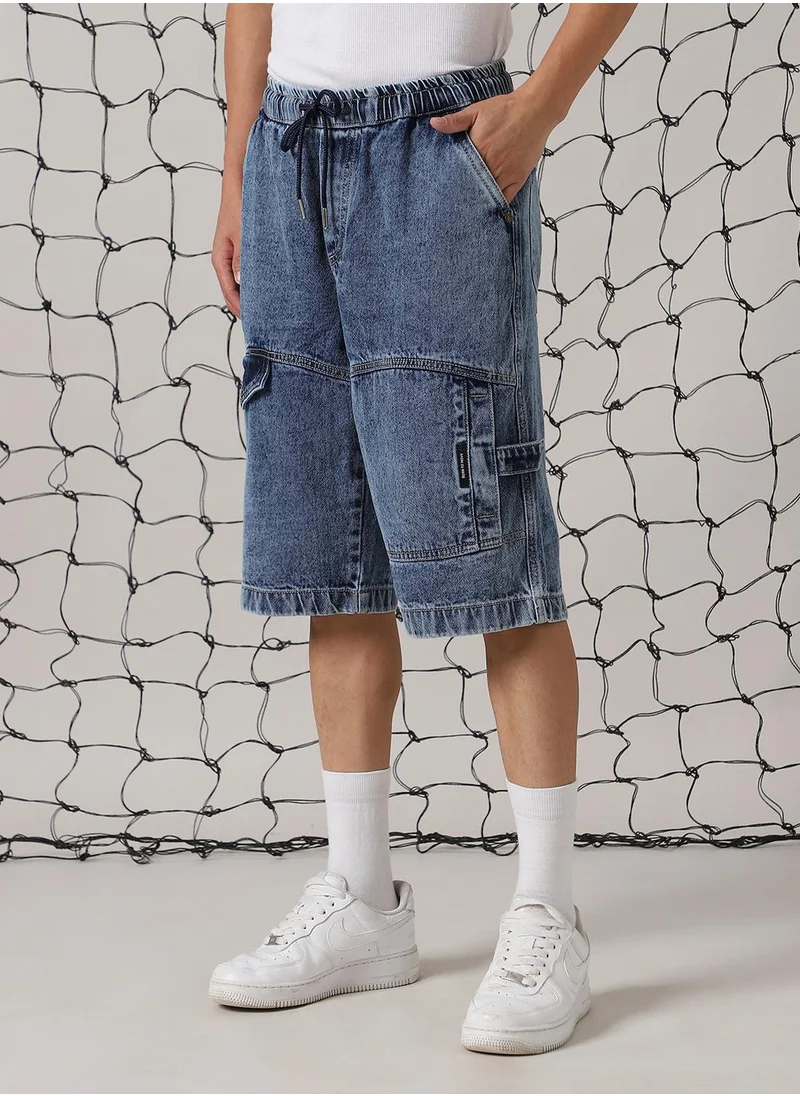 Hubberholme Men's Indigo 100% Cotton Distressed Cropped Loose Fit Shorts