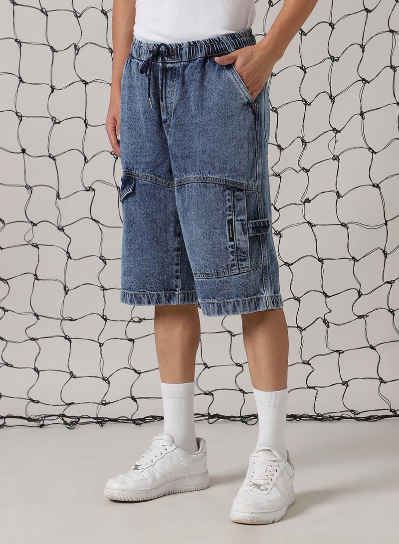Hubberholme Men's Indigo 100% Cotton Distressed Cropped Loose Fit Shorts  - Image 2